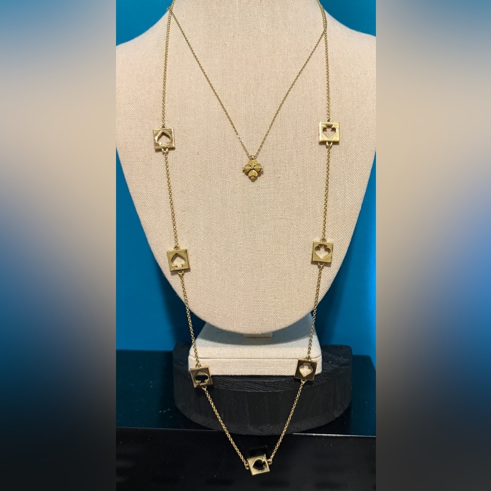 Kate Spade 2 necklaces gold tone logo flower spade long and short